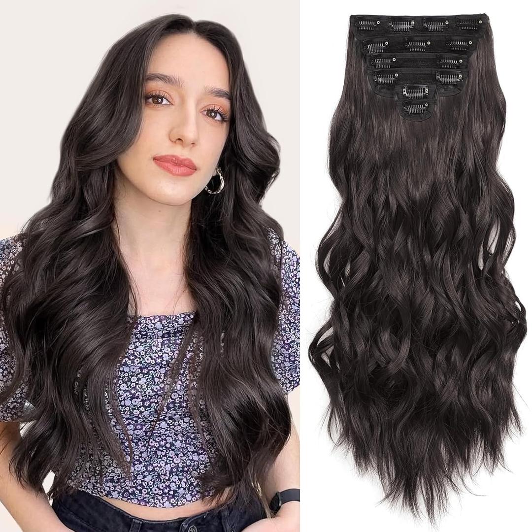 Clip in Hair Extensions for Women Dark Brown Long Wavy Hair Extensions Clip Ins 6PCS 24 Inch Synthetic Soft and Natural Thick Hair Pieces for Women