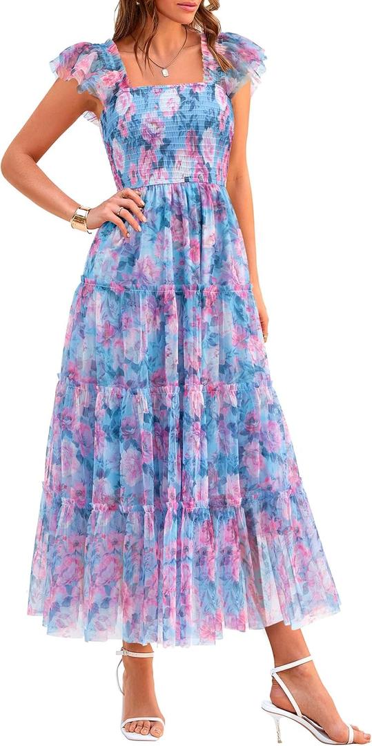 PRETTYGARDEN Women's Summer Midi Tulle Dress Sleeveless Smocked Square Neck Ruffle Flowy Party Wedding Guest Sundress (Floral Blue Pink, Small)