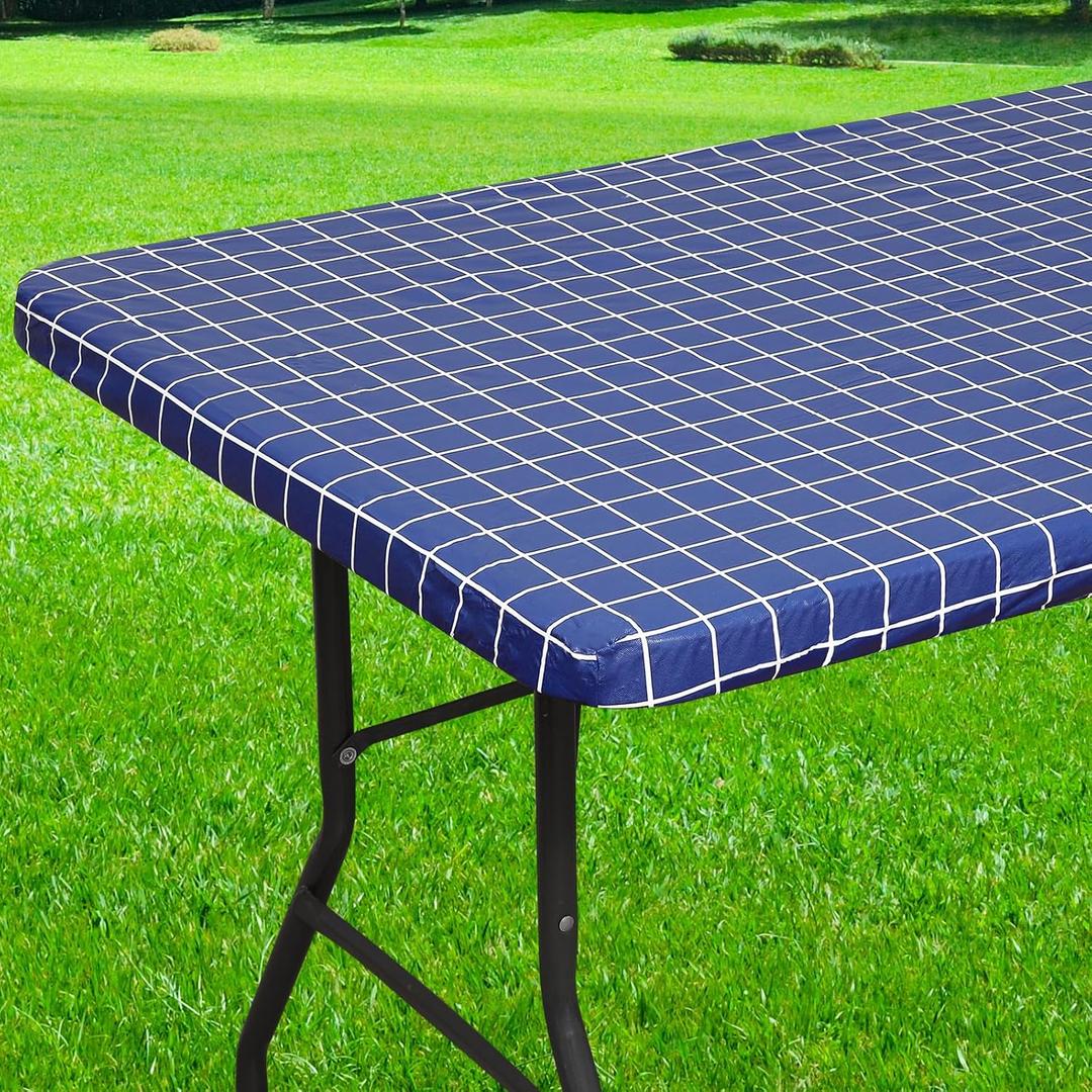 Rectangle Vinyl Table Cloth 30x96, Waterproof Elastic Fitted Tablecloth with Flannel Backing, Plastic Table Cover for Picnic, Camping, Outdoor, Navy
