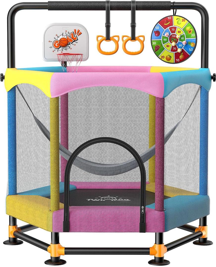 60" Trampoline for Kids, Twinkoo 5FT Fortified Toddler Trampolines with Anti-Rollover Bottom, Indoor/Outdoor Toddler Trampoline with Safety Enclosure, Adjustable Gymnastics Bars, Basketball Hoop