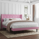 Queen Size Bed Frame with Velvet Upholstered Headboard, Platform Bed Frame No Box Spring Needed, Modern Bedframe with Strong Wooden Slats, Pink