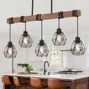 5-Light Kitchen Island Lighting, Farmhouse Chandelier for Dining Room Rustic Wood Ceiling Pendant Light Fixture with Metal Shade, Height Adjustable