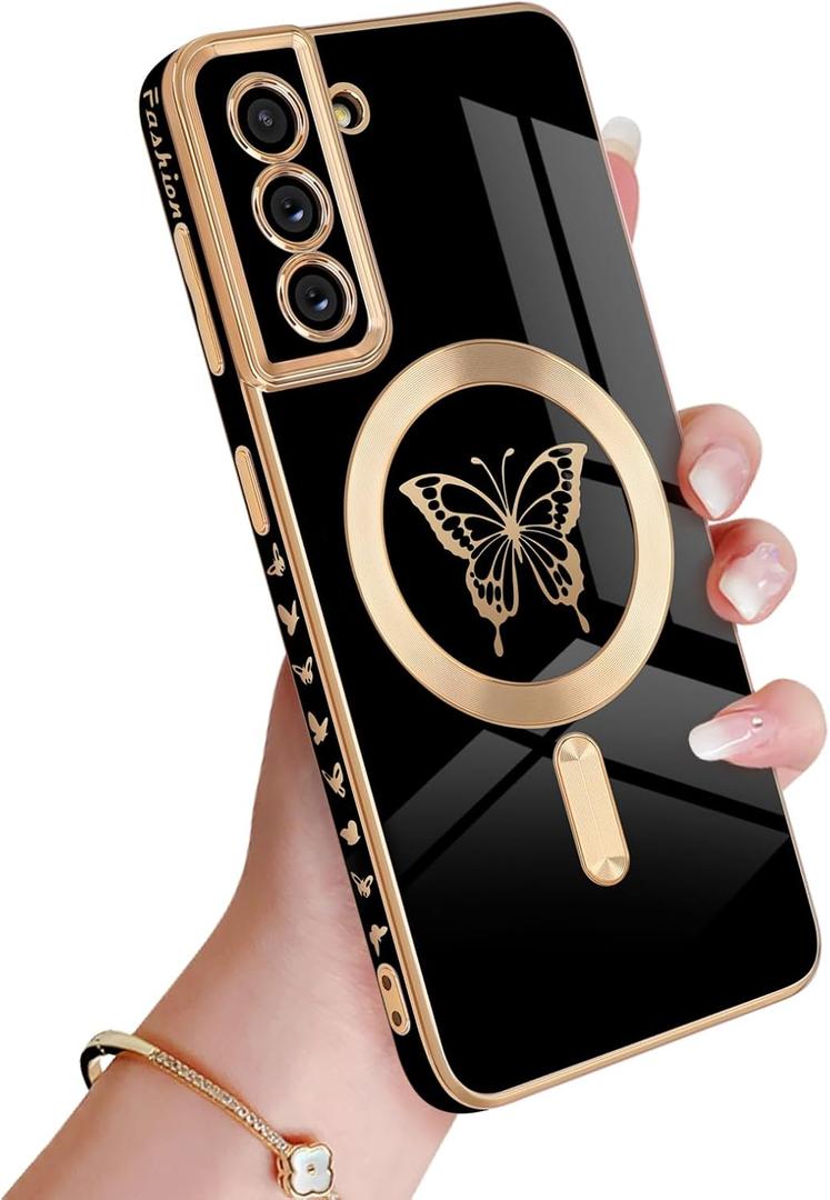 for Samsung Galaxy S21 5G Magnetic Case, Cute Butterfly Plating Edge Case with MagSafe for Women Girls Men Soft TPU Bumper Shockproof Camera Protective Cover for Samsung Galaxy S21-Black