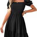 LYANER Women's Square Neck Smocked Mini Dress Puff Sleeve Ruffle Tiered Casual Wedding Guest Dress Black X-Small