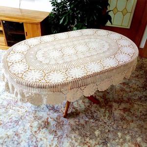 USTIDE Vintage Oval Crochet Tablecloth 59"x102"Beige Cotton Lace Table Cover Rustic Oval Table Overaly for Wedding/Party