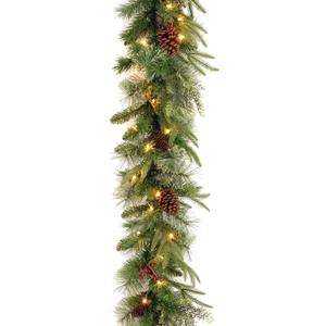National Tree Company 9 ft Pre-Lit Colonial Fir Artificial Christmas Garland, Christmas Decoration with Red Berries, Pinecones, 50 Clear Lights, 180 Tips, Green