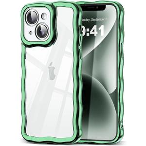 2 x SKYLMW Compatible with iPhone 14 Pro Case, Kawaii Cute Curly Wave Frame Luxury Plating Edge, Stylish Glossy Clear Back, Soft TPU Shockproof Protective Cases for iPhone 14 Pro, Green