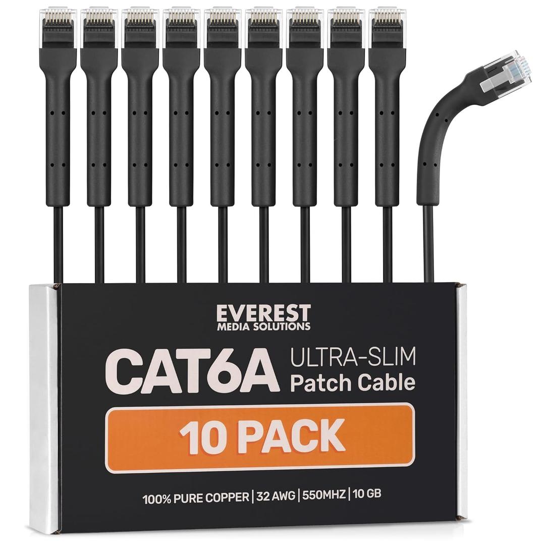 Everest Ultra Slim Cat6a Ethernet Patch Cables 1ft (10-Pack) Black - 10GB Cat 6a Patch Cable - Bendable, Flexible & Thin Ethernet Cable - Space Saving 32AWG 550MHZ Cat6a Cables - 100% Copper Wires