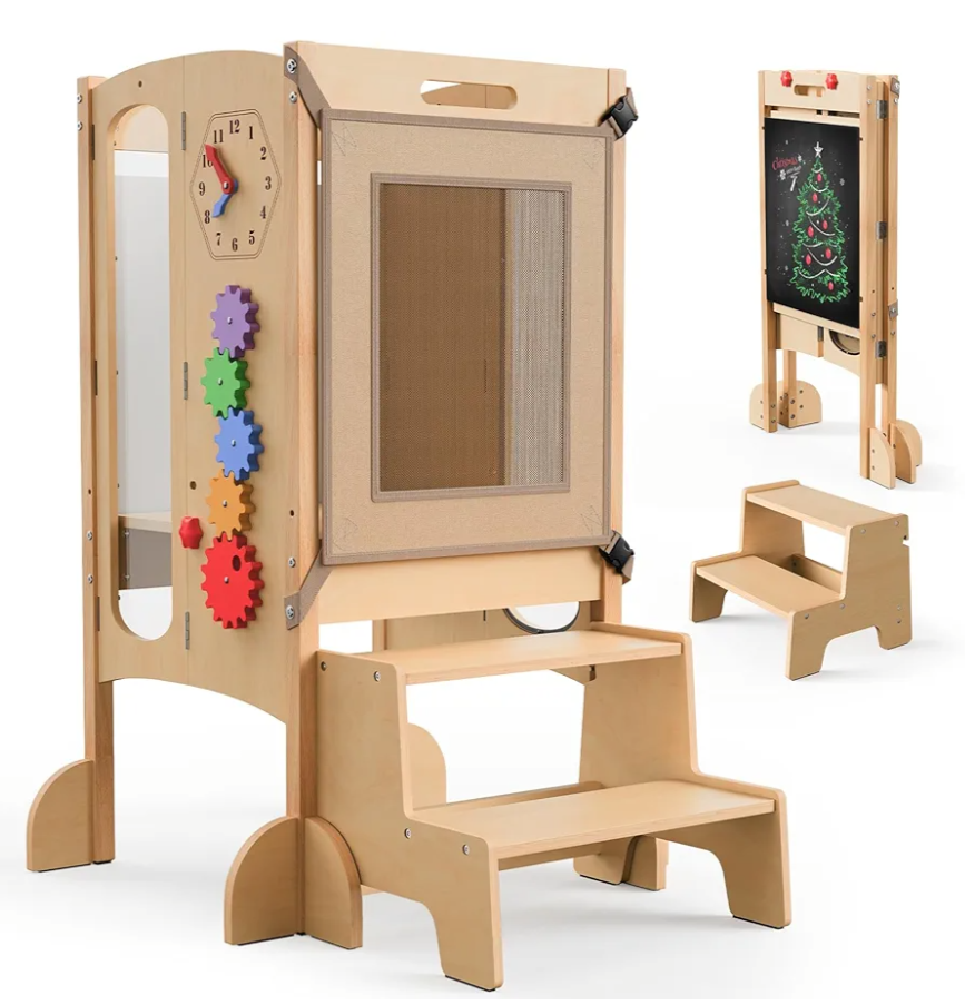 Toddler Tower Foldable Toddler Kitchen Stool Helper with 2 Step Stool, Safety Net, Adjustable Height, Chalk-Whiteboard& Montessori Activity