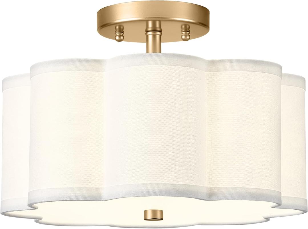 Gold Semi Flush Mount Ceiling Light, 3-Light 12.5" Ceiling Lighting Fixtures with Fabric Shade in Flower Shape, Farmhouse Brass Drum Lights for Nursery Hallway Bedroom, AD-22007-3SF-GD