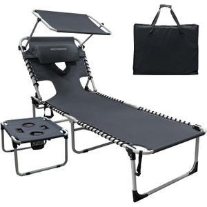 Outdoor Tanning Chair with Sun Canopy Shade & Face Hole, Folding Lounge Chair with Beach Table and Carry Bag for Poolside Sunbathing Lawn, 74.8"*23.23"