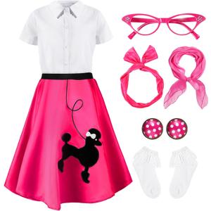 1950s Kids Poodle Skirt 50s Sock Hop Costume with Shirt Scarf Headband Earrings Glasses Socks (7-9 Years, Hot Pink)