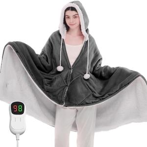 Heated Electric Blanket Shawl - Wearable Heating Blanket Heated Throw Blanket - Heated Hoodie Poncho Wearable Flannel Wrap with 10-Level Heating Auto-Off for Adults (40''x70'', Grey)