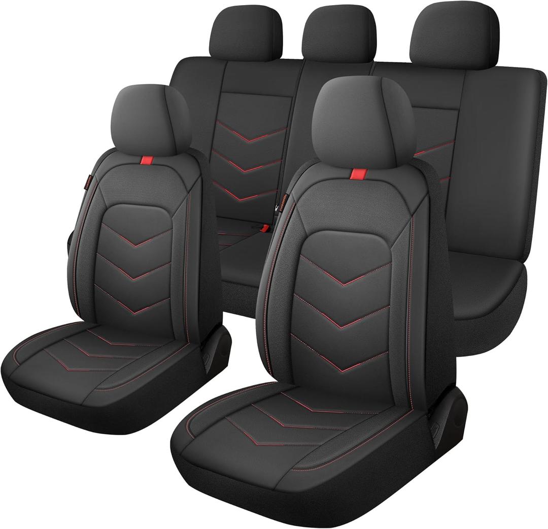 CAROMOP Luxury Faux Leather Seat Covers Full Set,Breathable Seat Covers for Cars,Universal Fits Most Cars, Vehicles,Sedans,Trucks & SUVs.Airbag Compatible (5-Seat Black/Red)