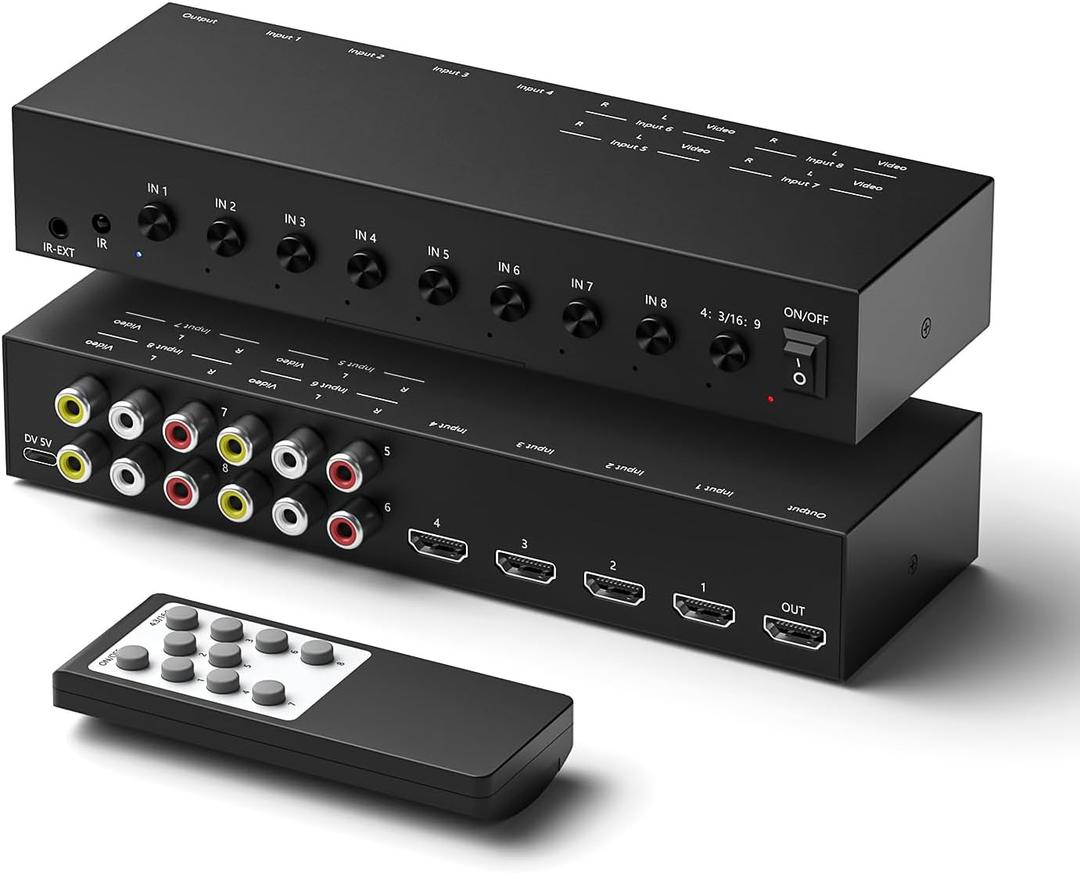 8-Input to 1-HDMI-Output Converter (Consisting of 4 AV Inputs and 4 HDMI Inputs) Switchbetween Quick Different Sources(8 in-1 Out)