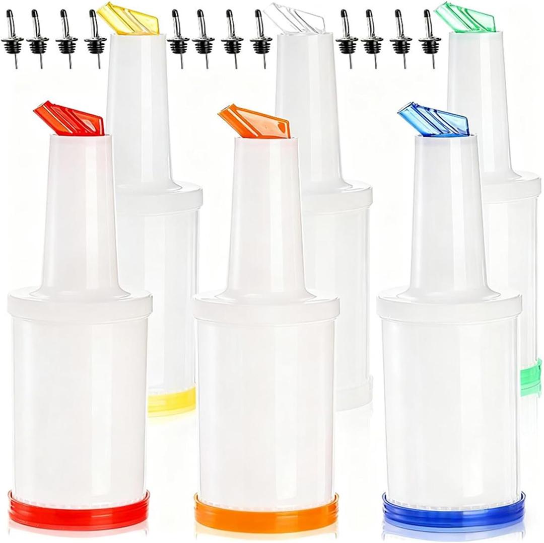 Tebery 6 Pack Plastic Juice Pour Bottles with 12 Stainless Steel Bottle Pourer, 34OZ Plastic Juice Dispensers for Bar Home Kitchen Party Supplies