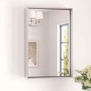 Keonjinn 16 x 24 in Brushed Nickel Bathroom Mirror, Rectangular Metal Framed Vanity Mirror for Wall Square Corner Aluminum Alloy Modern Rectangle Mirror(Horizontal/Vertical)