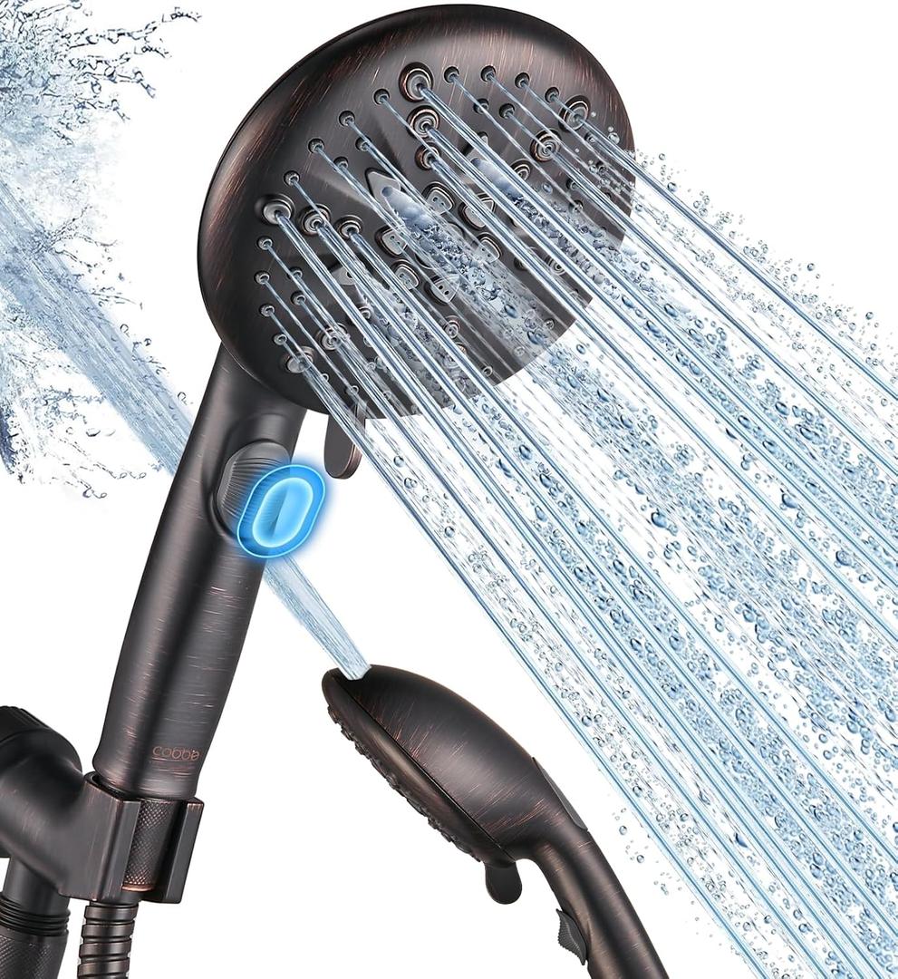 Cobbe High Pressure Shower Head with Built-in Pause Button, 9-Function Detachable Showerhead with Handheld Brass Swivel Bracket & Stainless Steel Hose, Water Saving 1-Click Stop, Oil Rubbed Bronze