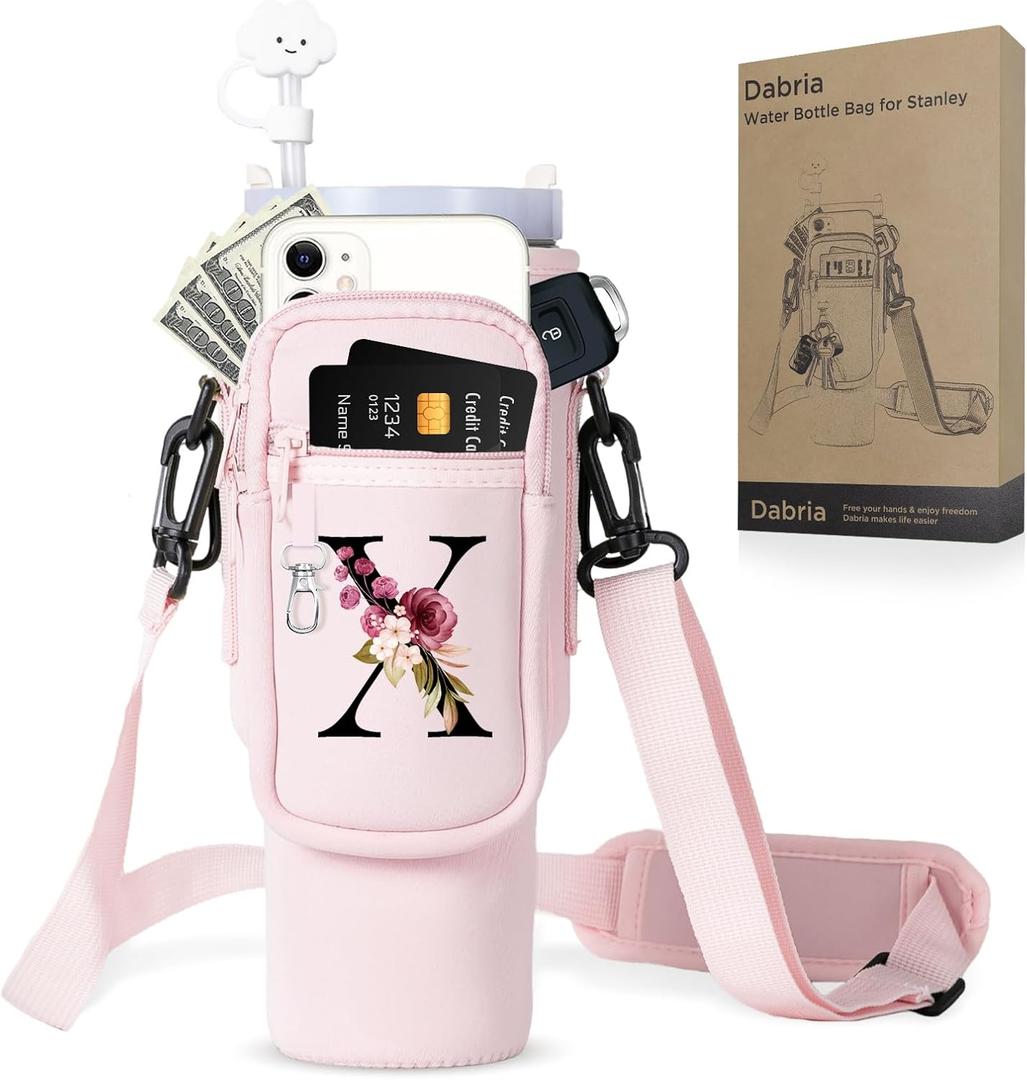 dabria Initial A-Z Water Bottle Bag with Phone Pocket for Stanley 40 oz Tumbler Neoprene Water Bottle Holder Pouch with Adjustable Strap Bollus with Straw Cover & Carabiner for Stanley Cup Accessories (Pink)