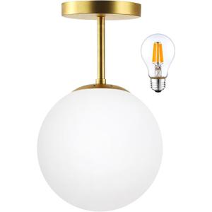 Globe Semi Flush Mount Ceiling Light Fixture Globe Ceiling Light Milk Glass Matte Gold Finish Contemporary Mid Century Modern Lighting for Hallway Living Room Kitchen Bedroom Storage(Bulb Included)