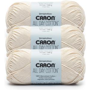 Caron All Day Cotton - 3 Pack of 173 Yards/3.52 oz Cream 100% Mercerized Cotton Yarn