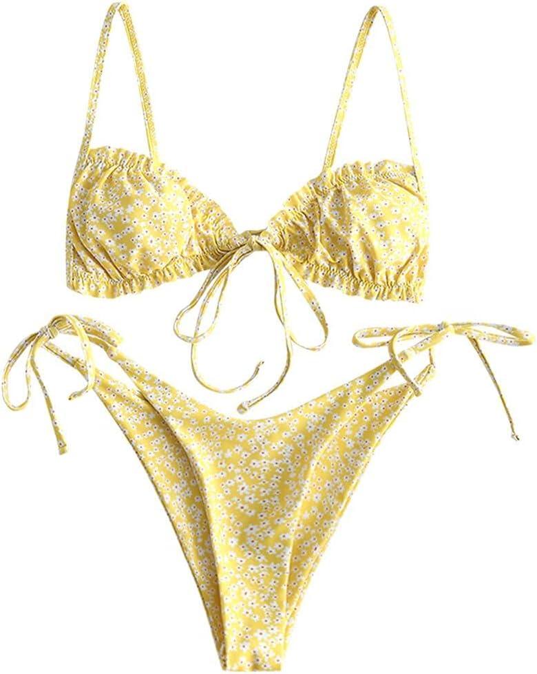ZAFUL Women's Ditsy Floral Printed Swimsuit Underwired Knotted String Triangle Bikini High Cut Cheeky Bikini Set (Large)