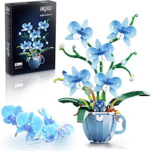 Blue Orchid Flower Building Set with Vase for Adults, Compatible with Lego Botanical Flowers, 567pcs Ideas Plant Collection Toys for Home and Office Decor, Gifts for Christmas Mother's Day