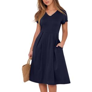 ANRABESS Women Summer Dress Casual Short Sleeve V Neck A-Line Knee Length Pleated Flowy 2026 Fashion Midi Dresses with Pocket (Medium)