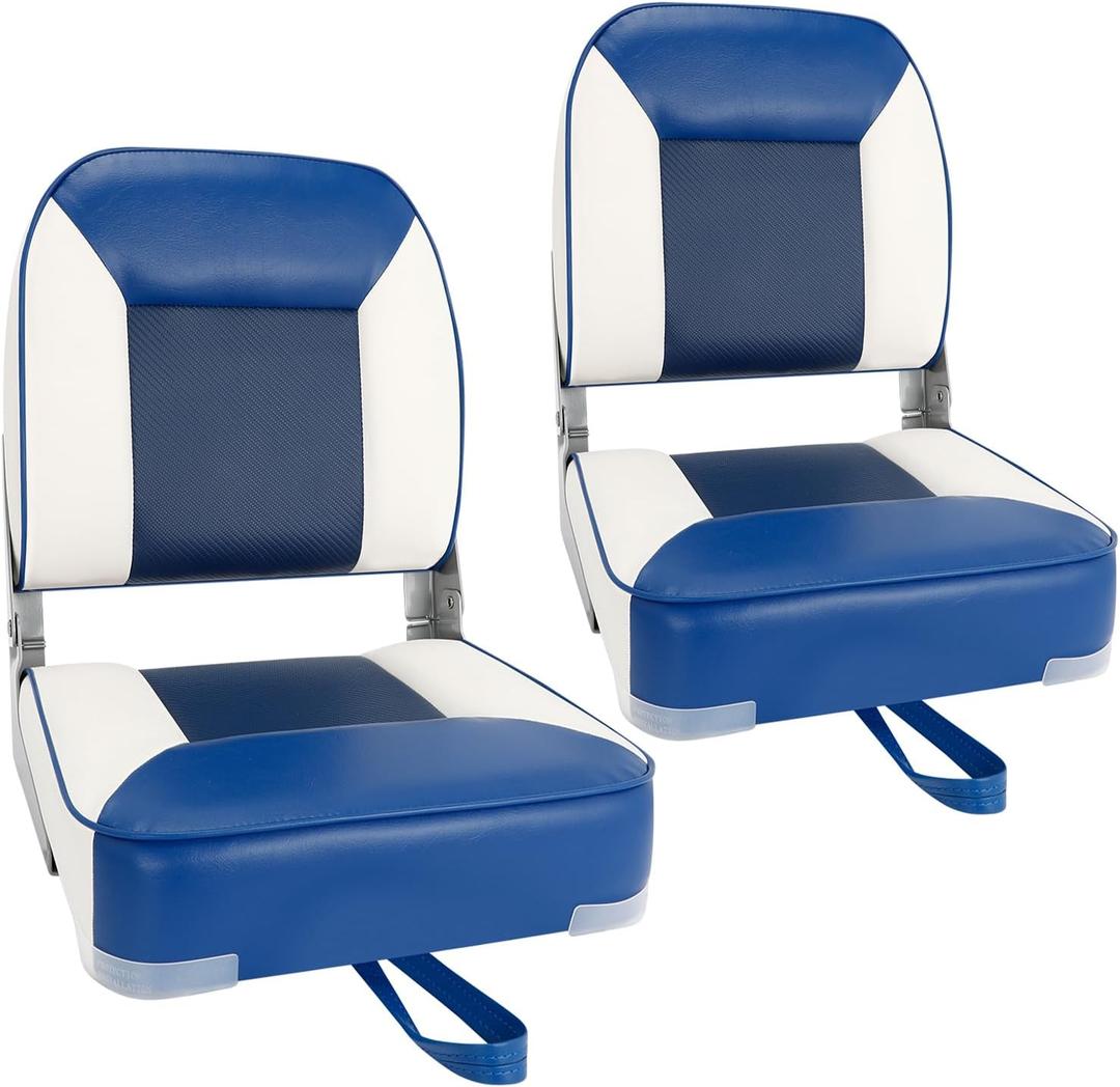 Boat Seats 2 Pack, Skureay Low/High Back Fishing Folding Boat Seat Waterproof Captain Boat ChairBoatseat 2 Pack Suitable for Jon/Pontoon/Canoe/Bass Tracker Boat seats-UNIQUE Color Design (Blue/White)