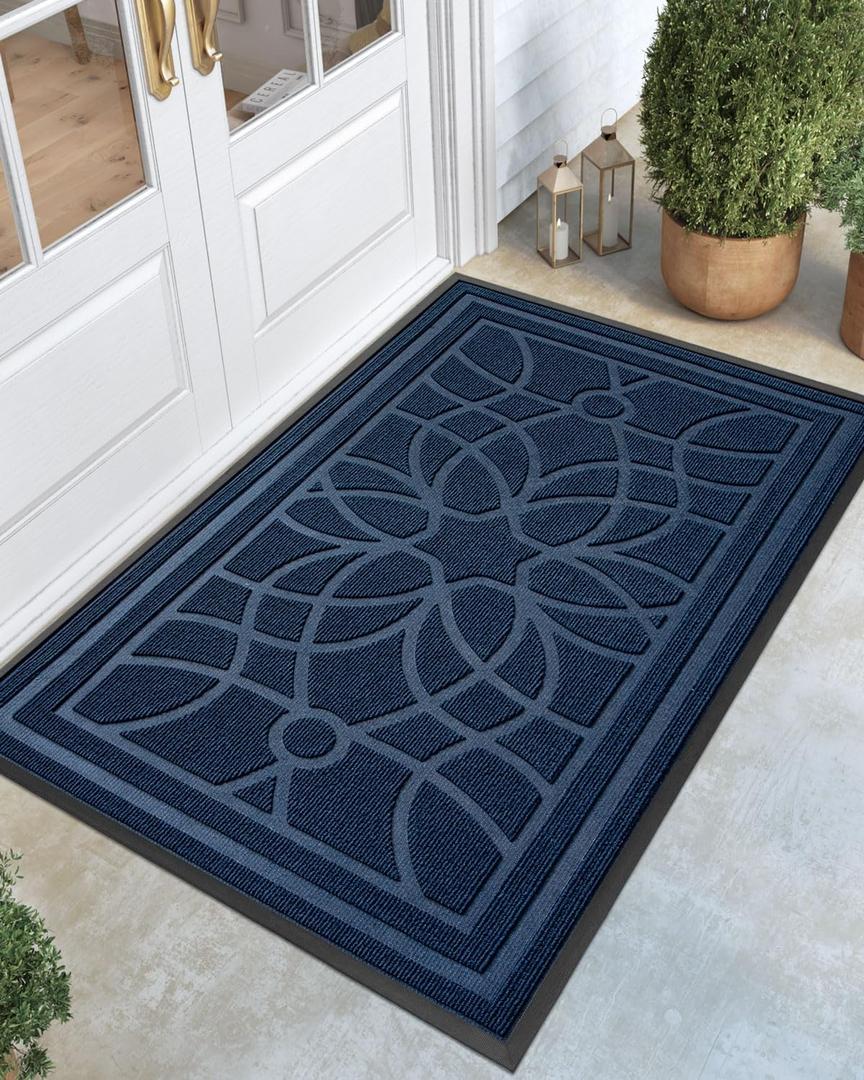DEXI Front Door Mat Outside Entrance, Heavy Duty Non Slip Low Profile Doormat for Entryway, Trap Dirt and Moisture Welcome Mats, Easy Clean, Patio, Garage, 5x3, Blue