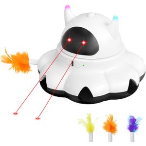 MIKK Cat Laser Feather Toy 2-in-1 Interactive for Indoor Cats Automatic with Remote Control USB-C Rechargeable, No Batteries Needed, Easy Setup, Multi-Cat Use Electronic Kitten Exercise Toy (White)