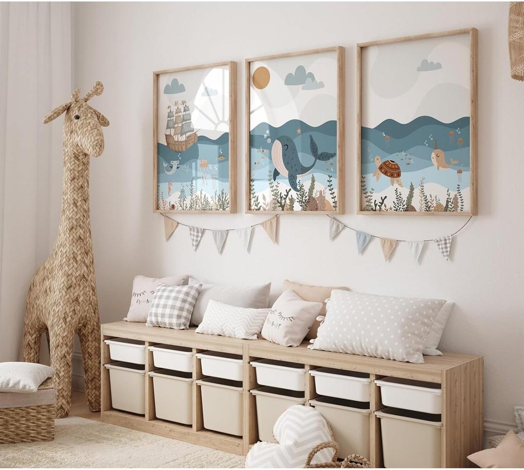 Ocean Nursery Wall Art Pictures Blue Nautical Canvas Art Beach Animal Wall Decor Baby Boys Room Wall Art Sea Whale Prints Ocean Nautical Poster for Nursery Baby Room 12x16 Inch Set of 3 Unframed