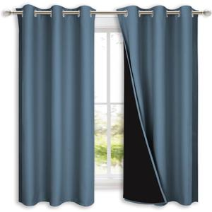 NICETOWN 100% Blackout Short Curtains with Black Liners, 2 Panels, 37" W by 40" L, Smoky Blue, Solid Thermal Insulated Full Blackout 2-Layer Lined Drapes, Energy Efficiency Window Drapes for Bedroom