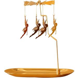 Creahaus Spinning Candle Holder with Tray, Glod Carousel Candle Spinner, Rotating Metal Tea Light Candle Holder for Table Centerpiece, Christmas, Valentine's Day, Party Decor, Gift (Gold Elves)