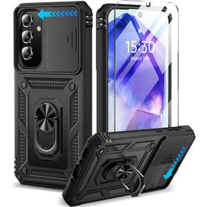 BaHaHoues for Samsung Galaxy A35 5G Case with Screen Protector & Slide Camera Lens Cover, Built-in 360Rotate Magnetic Ring Stand Shockproof Protective Phone Case for Samsung A35 5G (Black)