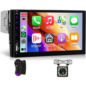 Single Din Car Stereo with Wireless CarPlay Android Auto, 7 Inch LCD Touch Screen Car Radio Bluetooth/MirrorLink/FM/EQ/USB/SWC/Type-C Charging + Backup Camera