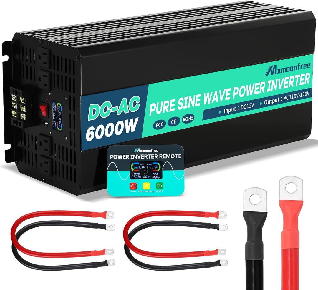 6000W Pure Sine Wave Inverter 12V DC to 110V AC with Wireless Remote Control LCD Display 4 AC Outlets, 1 USB and Terminal Blocks for RV Truck Cabin Off Grid