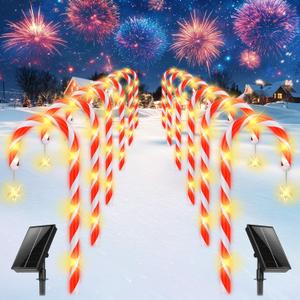 24 Pack Outdoor Christmas Decorations - 2 Sets of 12 Solar Candy Cane Pathway Lights, Waterproof Stakes, Solar Christmas Decorations for Yard