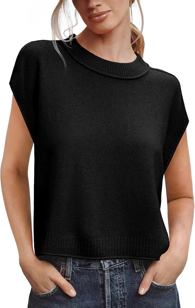 Saodimallsu Womens Cap Sleeve Sweater Vest Crew Neck Casual Lightweight Knit Summer Short Sweaters Pullover Tank Tops Black
