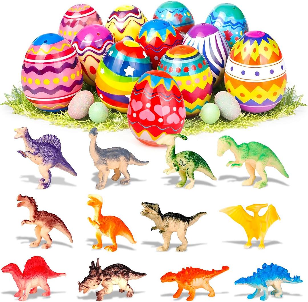 Tinabless Prefilled Easter Eggs with Dinosaur Toys, 12 Pack Easter Eggs for Kids, Easter Basket Stuffers, Egg Hunt Party Favors, Classroom Prizes for Boys and Girls