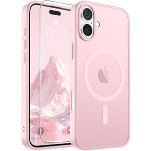 SUPFINE Magnetic for iPhone 16 Case with Screen Protector (Compatible with MagSafe) (Military Grade Drop Protection) Translucent Matte Shockproof Phone Cover,Light Pink