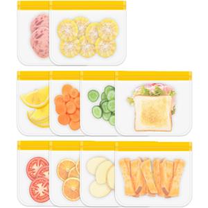Reusable Sandwich Bags 10 Pack, 8.7x7.6 Inches Dishwasher Safe Silicone Food Storage Bags for Marinating Meats, Snacks, Cereal (Orange)