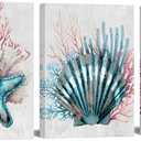 RyounoArt Coral Art Wall Decor Beach Sea Shell Pictures Prints on Canvas Teal and Coral Bathroom Decor Framed 12 * 16 inch each