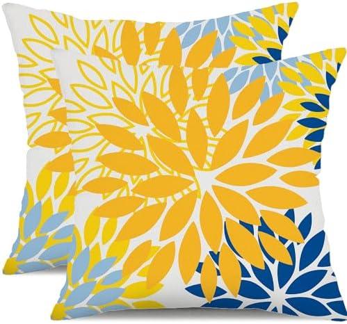 DFXSZ Yellow Blue Flower Pillow Covers 18x18 Inch Set of 2 White Gray Colored Throw Pillows Outdoor Waterproof Decor for Living Room Sofa Patio Funiture Garden Floral Polyester Pillow Covers 002J18