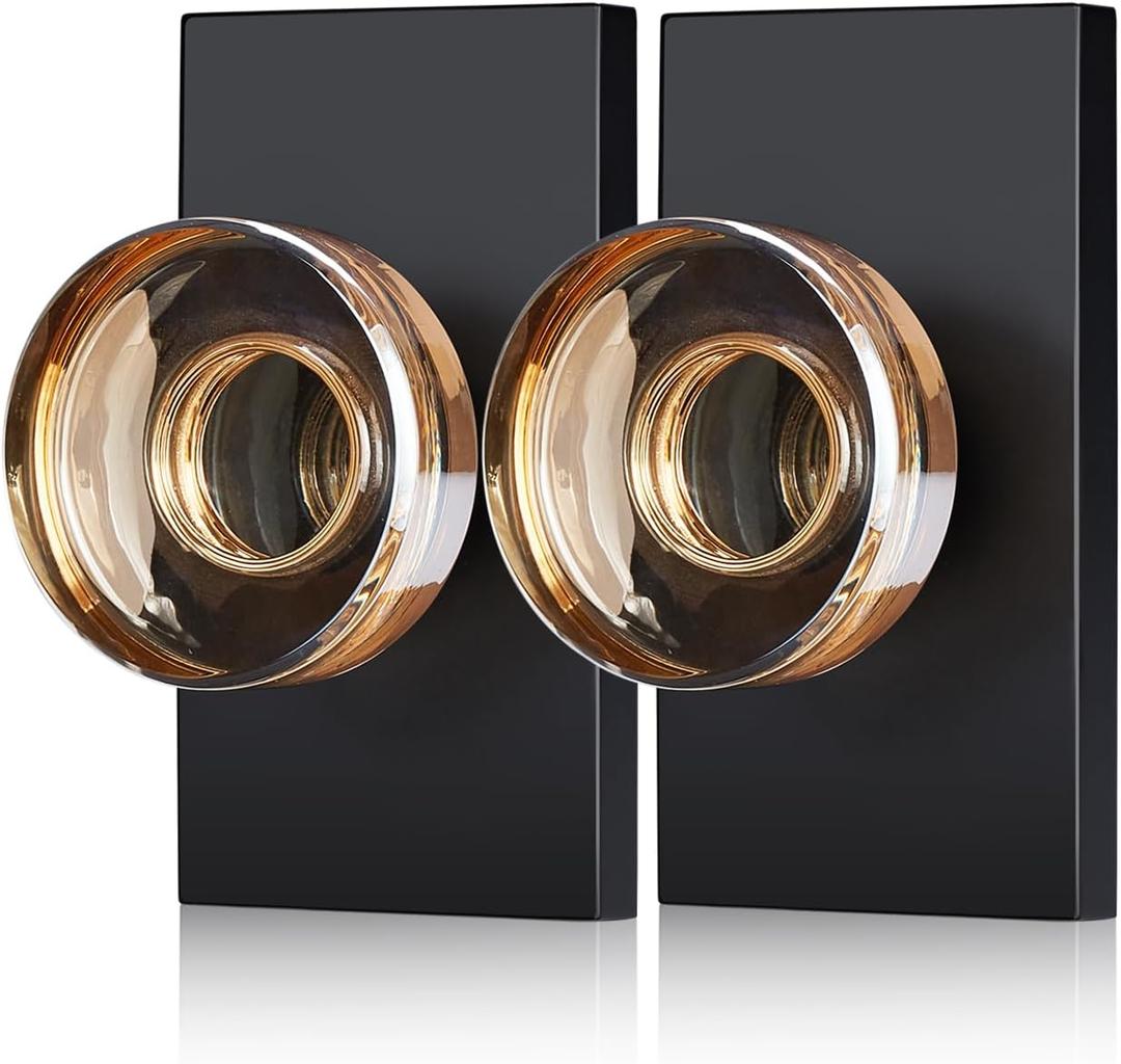 2 Pack Champagne Dummy Door Knob  Non-Turning Crystal Glass Handle with Matte Black Rosette  Decorative Knob Set for French Doors, Closets, Cabinets, Interior Dcor