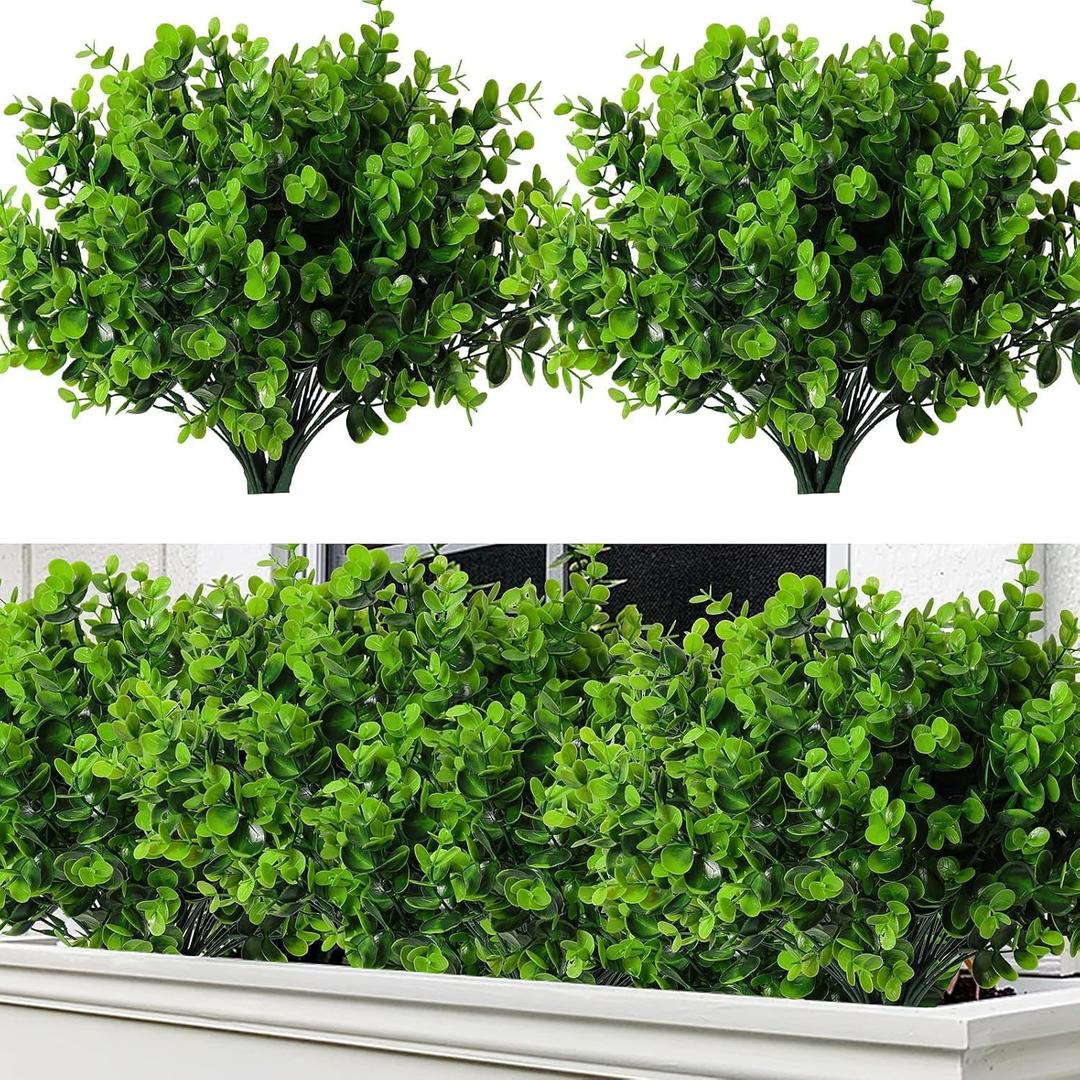 RECUTMS 8 Bundles Artificial Bushes Greenery Plants Stems Faux Shrubs Boxwood Plants Outdoor UV Resistant Fake Eucalyptus for Farmhouse Home Office Wedding Patio Backyard Indoor Outdoor Decor(Green)