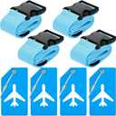 Weewooday 8 Pcs Luggage Straps Suitcase Tags Set for TSA Approved, 4 Travel Adjustable Suitcase Belt, 4 Silicone Luggage Tags with Name ID Card Travel Accessories(Blue,Airplane)
