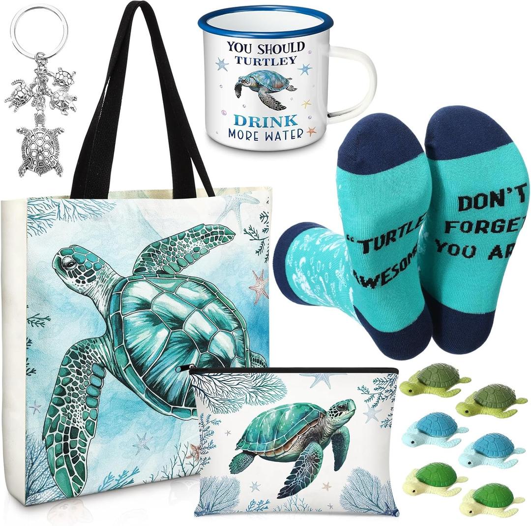 Sea Turtle Lover Gifts for Women Birthday Gifts Baskets Set Include Canvas Tote Bag, Makeup Bag, Socks, Keychain, Enamel Mug, Small Figurines for Mom, Wife, Sister, Friend