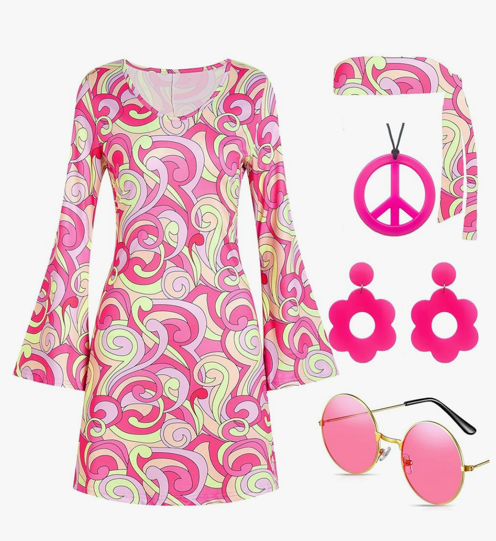 60s 70s Disco Outfit Hippie Costume Women, 1970 Style Clothes Dress Peace Sign Accessories Jewelry Halloween