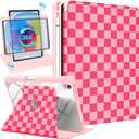 for iPad A16 Case - for iPad 10th Generation Case 10.9 Inch Women Girls Cute Girly Teens Kids Pretty Checkered Unique Aesthetic Rotating Stand Folio Tablet Cover for Apple 10/11 2025 (HotPink Plaid)